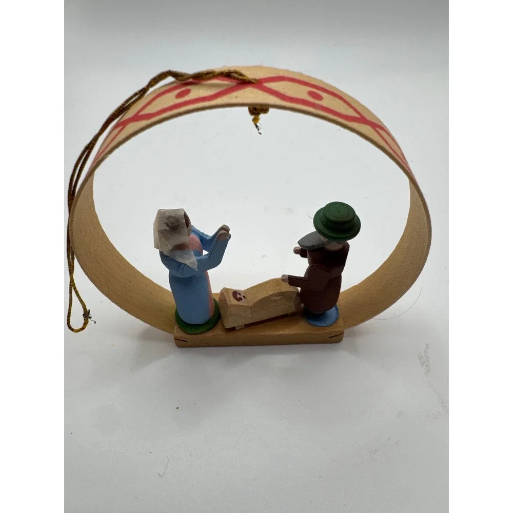 Vintage Miniature Wooden Nativity Hoop Ornament Hand Painted Folk Art 0188